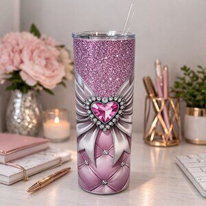 Pink Glitter Heart Bow 20 oz Skinny Tumbler | Glam Rhinestone Bling Tumbler